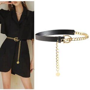 2/$30 Black PU Leather Metal Gold Belt Buckle Chain Women Outfit Dress Tunic